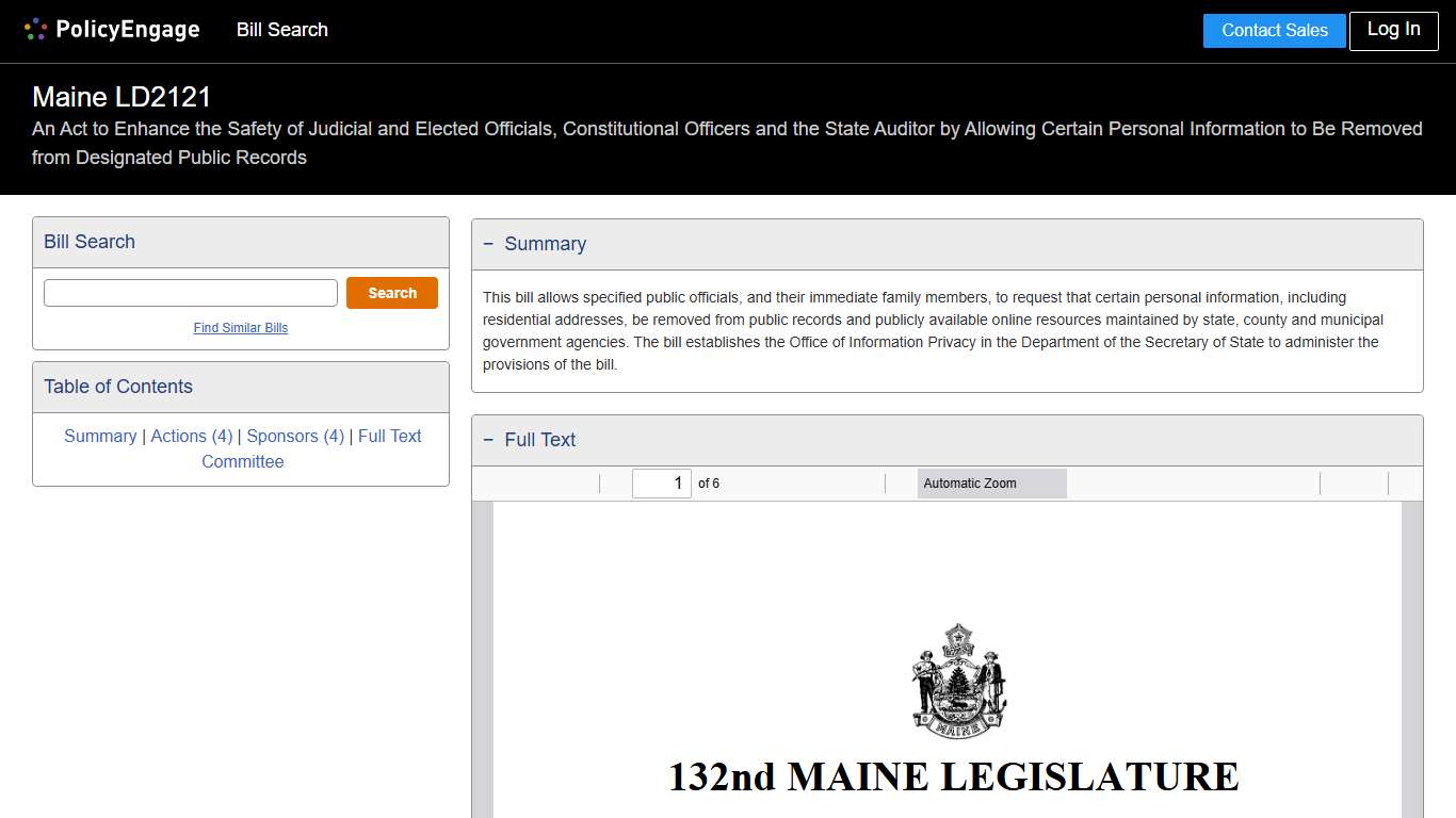 LD2121 Maine 2025-2026 An Act to Enhance the Safety of Judicial and Elected Officials, Constitutional Officers and the State Auditor by Allowing Certain Personal Information to Be Removed from Designated Public Records - Legislative Tracking PolicyEngage